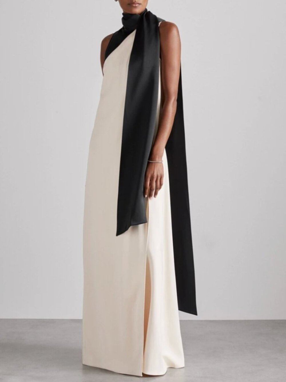 REISS Isobel Atelier Maxi Dress UK10/UA6 Black/Ivory Sash-Neck Satin Occasion - Picture 1 of 8